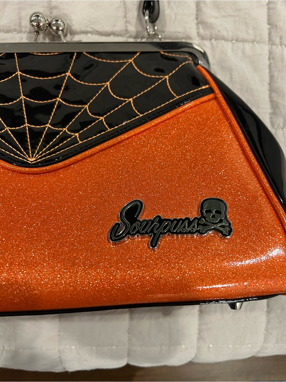 RARE Sourpuss Orange Glitter Spiderweb Handlelock kiss Bag - Picture 6 of 15